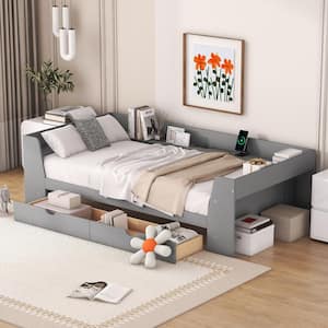 Gray Twin Size Wood Frame Daybed with Built-in Charging Station Shelves and 2 Drawers