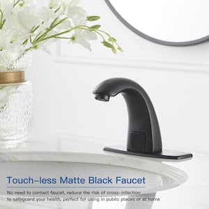 DC Powered Commercial Touchless Single Hole Bathroom Faucet With Deck Plate & Pop Up Drain In Matte Black