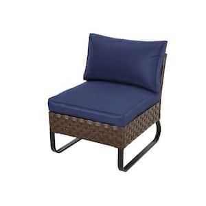 U-Leg 1-Piece Wicker Outdoor Armless Chair with Blue Cushions