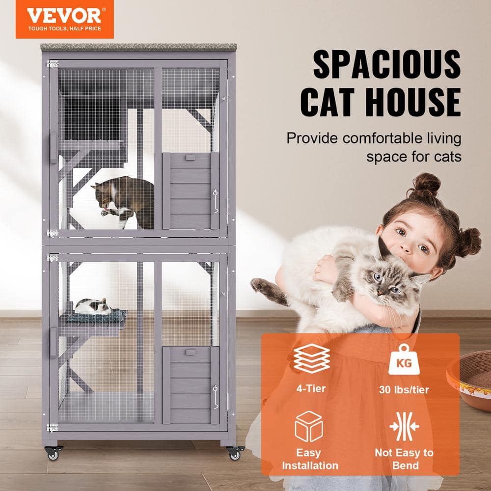 Gray 3-Tier Outdoor Freestanding Cat House with Casters