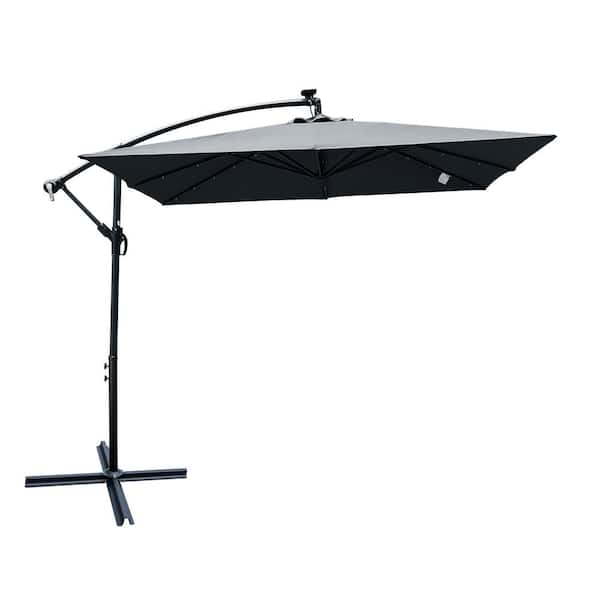 Sudzendf 8.2 ft. x 8.2 ft. Square Solar Powered LED Lighted Market Patio Umbrella in Anthracite, with Crank and Cross Base