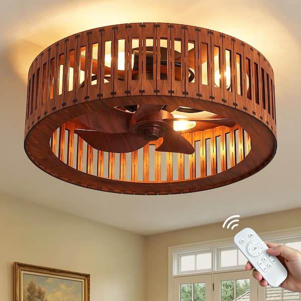 20 in. Dark Coffee Flush Mount Ceiling Fan with Light, Rustic Wood Caged Low Profile with Remote Reversible Fan Blades