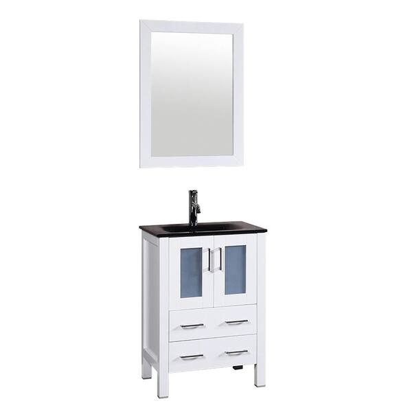 Bosconi 24 in. W Single Bath Vanity in White with Tempered Glass Vanity Top with Black Basin and Mirror