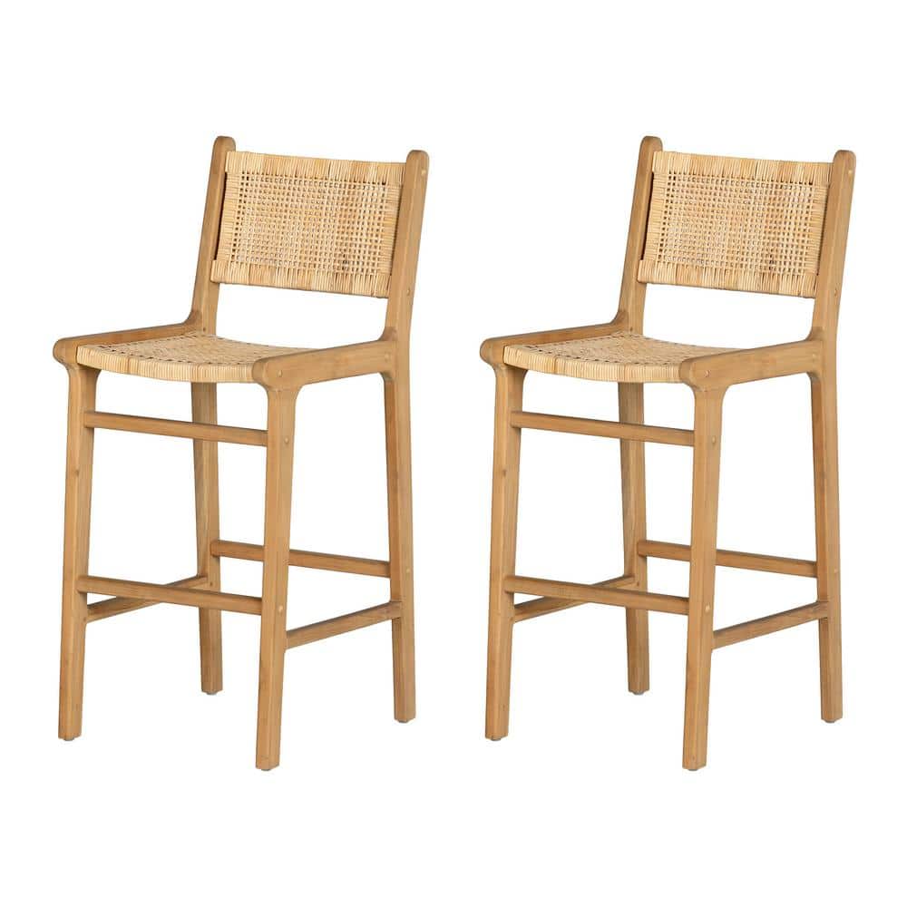 Natural Wood and Rattan Bohemian Bar Stools, Set of 2