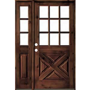 46 in. x 80 in. Alder 2-Panel Right-Hand/Inswing Clear Glass Red Mahogany Stain Wood Prehung Front Door w/Left Sidelite