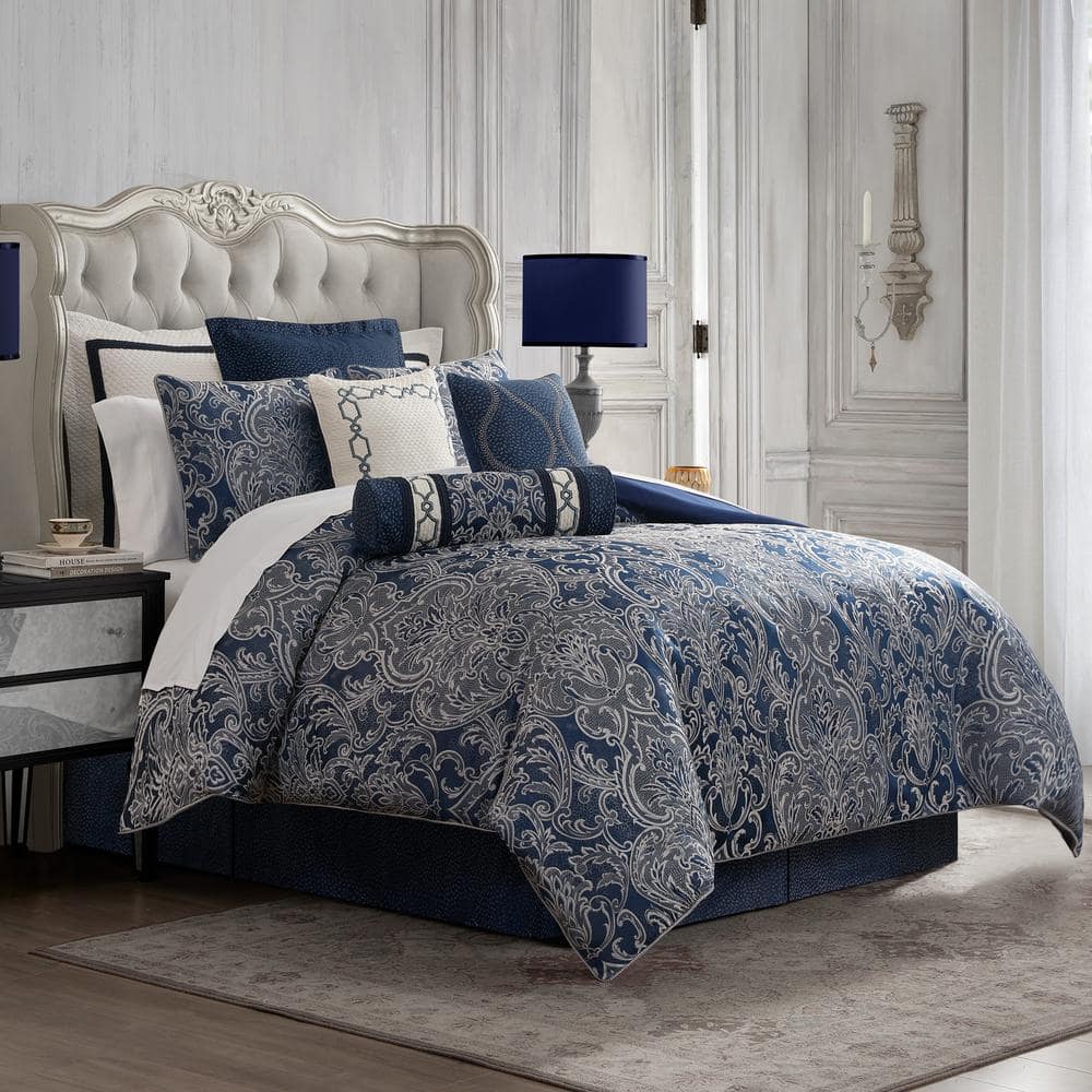 Navy and Ivory Damask Queen Reversible Comforter Set