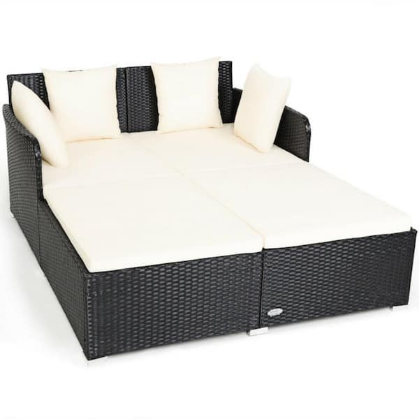 Clihome 1-Piece Wicker Outdoor Patio Conversation Set Daybed Sofa Furniture Set with White Cushion Thick Pillows