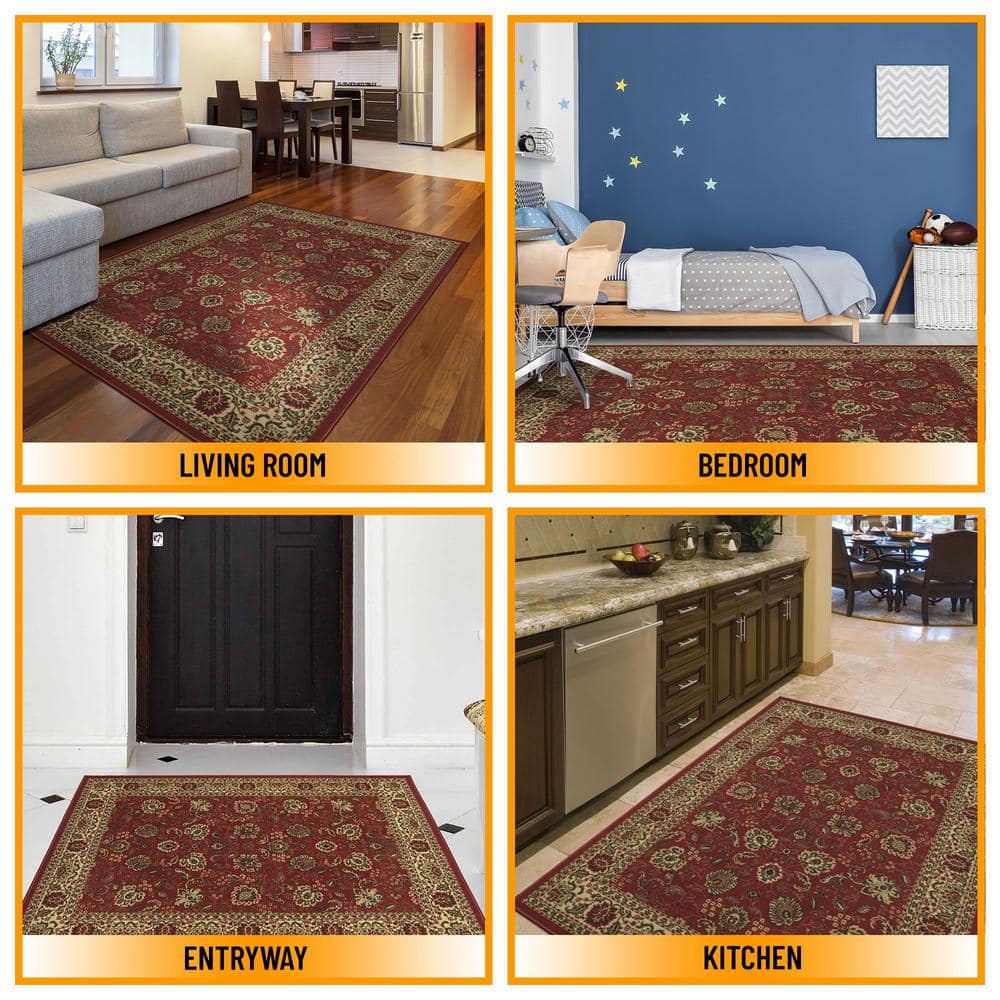 Dark Red Traditional Floral Non-Slip Synthetic Area Rug