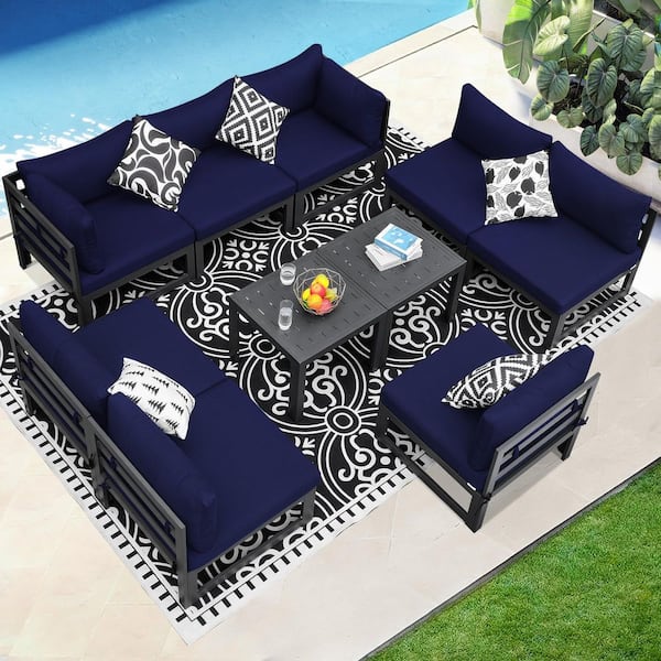 Modern 10-Piece Gray Aluminum Outdoor Patio Conversation Deep Seating Set with Navy Blue Cushions and Coffee Tables
