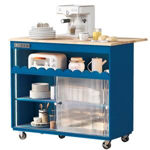 Navy Blue Wood 44 in. Kitchen Island with Outlets, Open Shelf