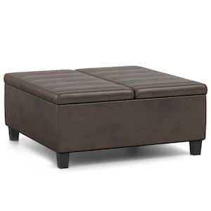 Ellis 36 in. Wide Contemporary Square Coffee Table Storage Ottoman in Distressed Brown Vegan Faux Leather