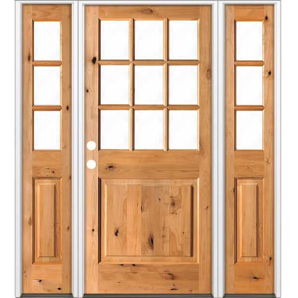 Krosswood Doors 64 in. x 80 in. Rustic Knotty Alder Clear 9-Lite clear stain Wood Right Hand Inswing Single Prehung Front Door/Sidelites