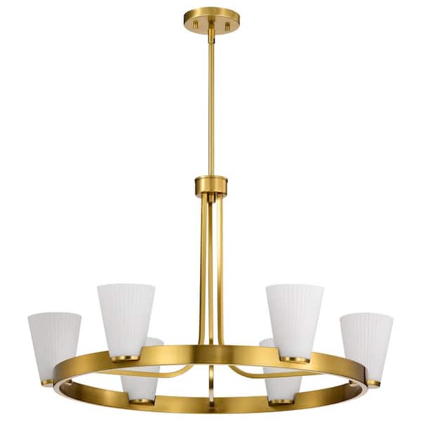 Royale 6-Light Burnished Brass Dimmable Traditional Chandelier with Ribbed White Glass Shades