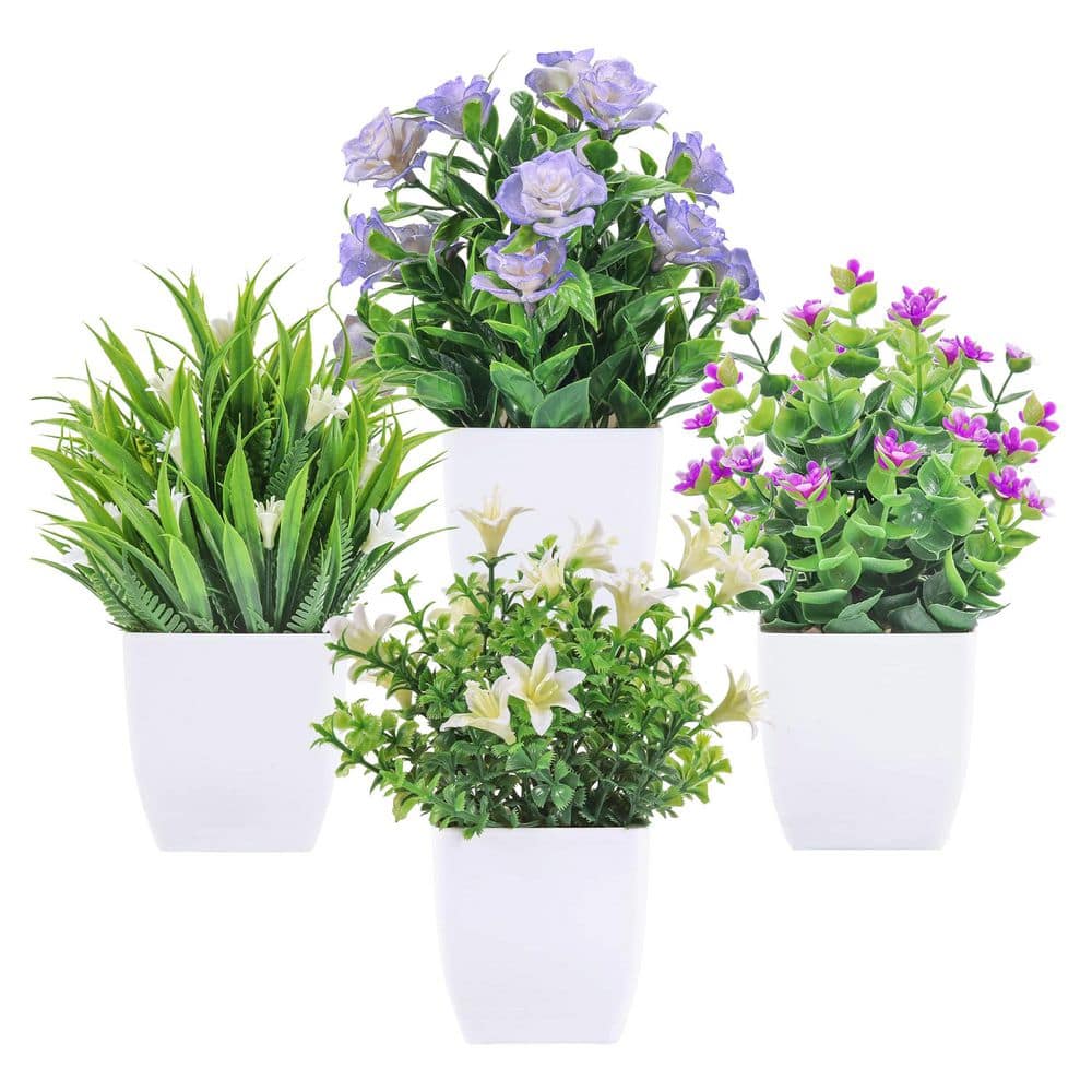 2.56 in Green Artificial Shrub Indoor Faux Spring Flower Decor 4-Pack ...