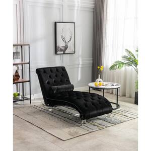 Black Velvet Upholstered Leisure Armless Button Tufted Concubine Chaise Lounge with 1 Bolster Throw Pillow Acrylic Foot