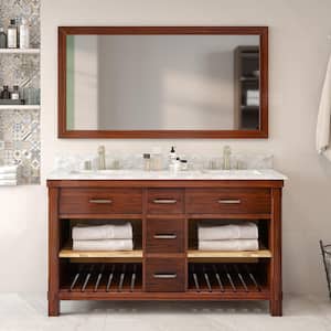 Solid Wood 60 in. W x 22 in. D x 35.4 in. H Double Sinks Bath Vanity in Brown with Carrara White Natural Marble Top