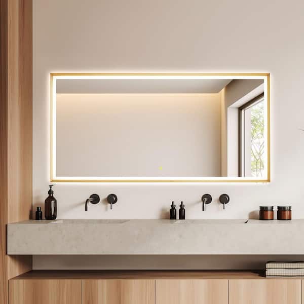 Apollo 72 in. W x 36 in. H Rectangular Framed LED Wall Bathroom Vanity Mirror in Brushed Gold