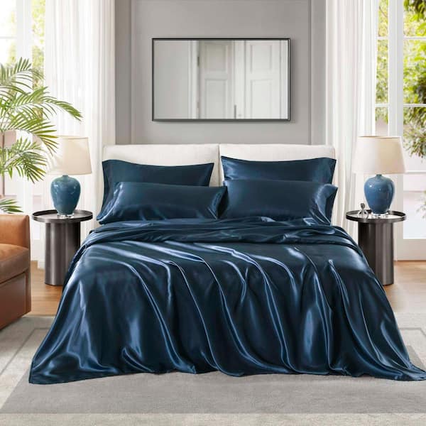 Home Decor OEKO-TEX Certified 6-Piece Satin Sheet Set Wrinkle free, Smooths out Frizzy Hair when Sleep, Twin, Dark Blue