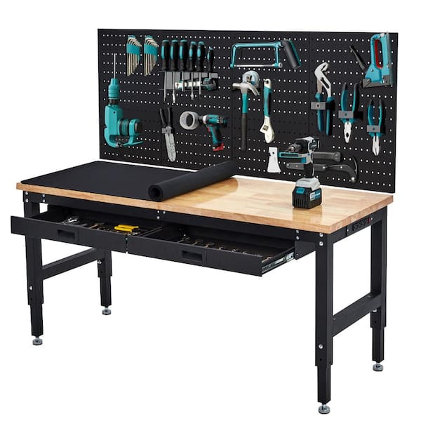 Heavy Duty Adjustable Workbench with Pegboard, Drawers, Rubber Wood,Power Outlets for Garage, Workshop, Home, Office