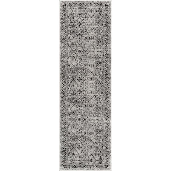 Well Woven Zazzle Argos Vintage Grey 2 ft. 3 in. x 7 ft. 3 in. Trellis Border Runner Rug