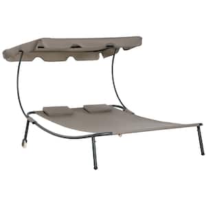 Gray Metal Outdoor Chaise Lounge with Adjustable Canopy and Pillow