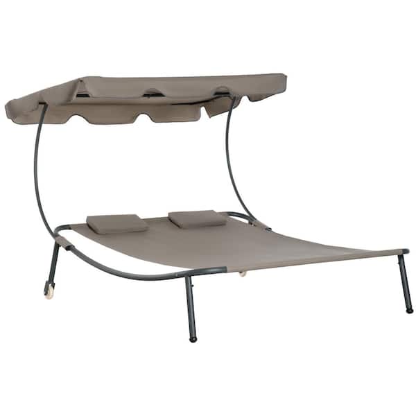 Outsunny Gray Metal Outdoor Chaise Lounge with Adjustable Canopy and Pillow