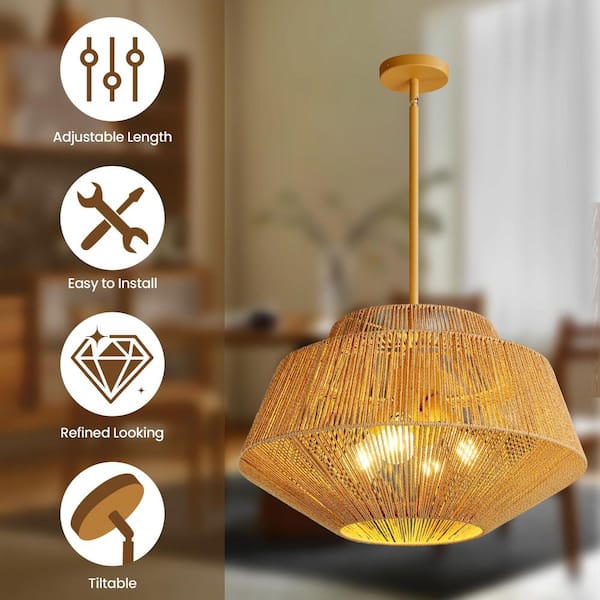 KAISITE 60-Watt 4 Light Modern Gold Rattan Shaded Pendant