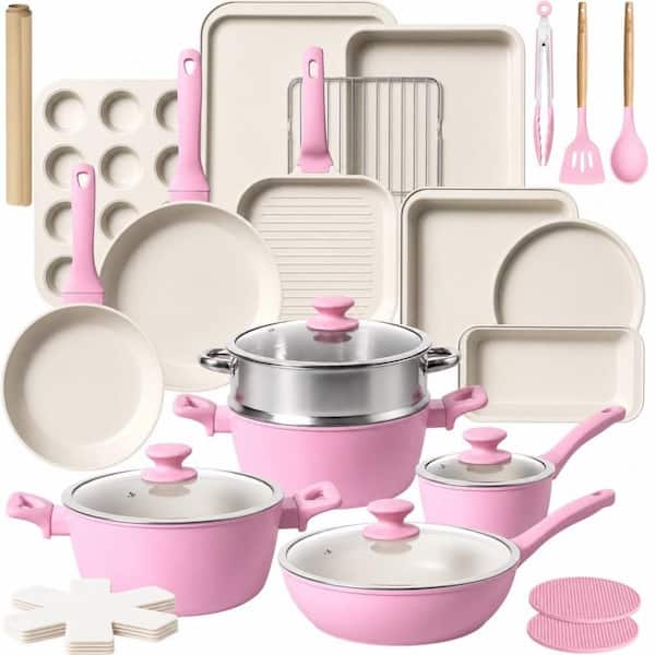 31 Piece Nonstick Cookware Set, Aluminum Carbon Steel Kitchen Cooking Pots Pans Set with Bakeware and Utensils, Pink