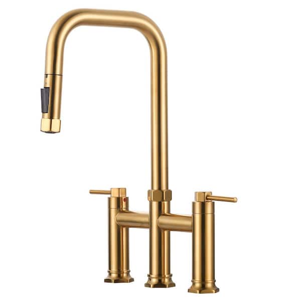 3-Hole Double-Handle Solid Brass Bridge Kitchen Faucet with Pull-Down Sprayer and Supply Lines in Brushed Gold