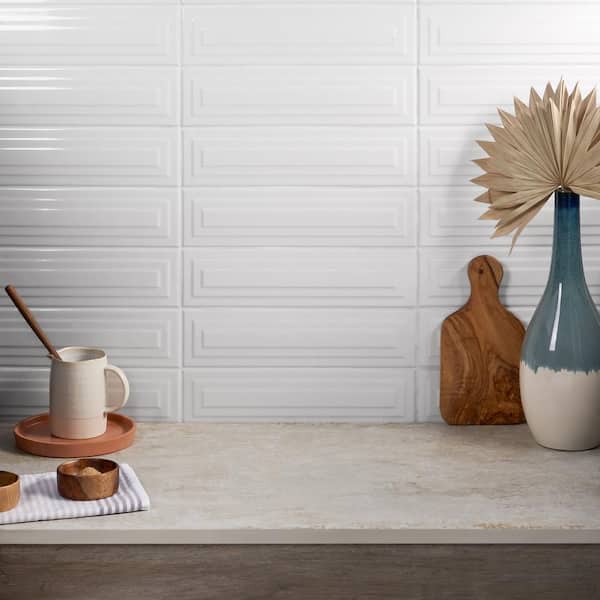 Colorwave Framed White 4.43 in. x 17.62 in. Polished Crackled Ceramic Wall Tile (7.08 Sq. Ft./Case)