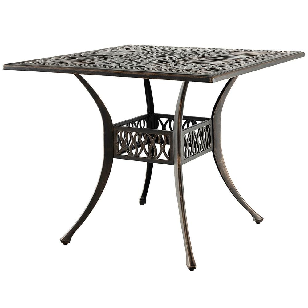 35.4 Inch Outdoor Aluminum Square Dining Table with Umbrella Hole, Antique 