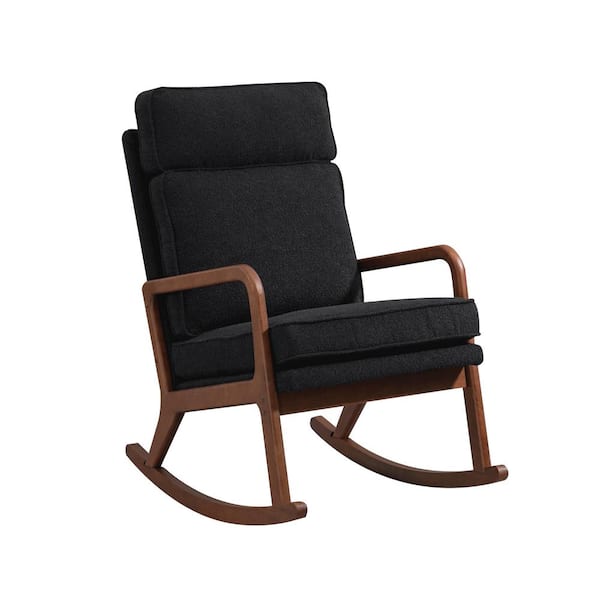 Sudzendf Modern Wood Outdoor Rocking Chair with Black Cushions, Comfortable Boucle Upholstered High Back