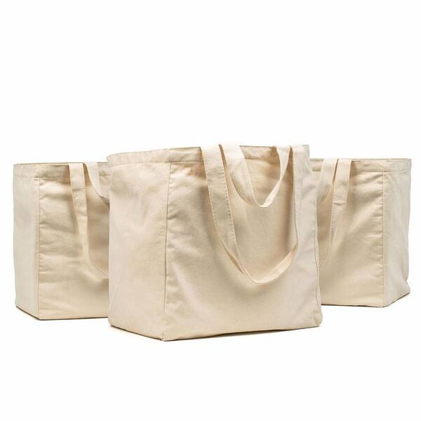 3-Piece Reusable Grocery Bag or Lunch Bag Heavy Duty Canvas with Bottle Pockets and Shoulder Straps, Foldable Washable T