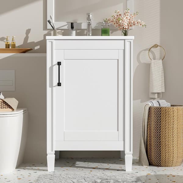 20 in. W Modern Freestanding Single Sink White Bath Vanity with White Ceramic Top Door Storage Rack (Unassembled)