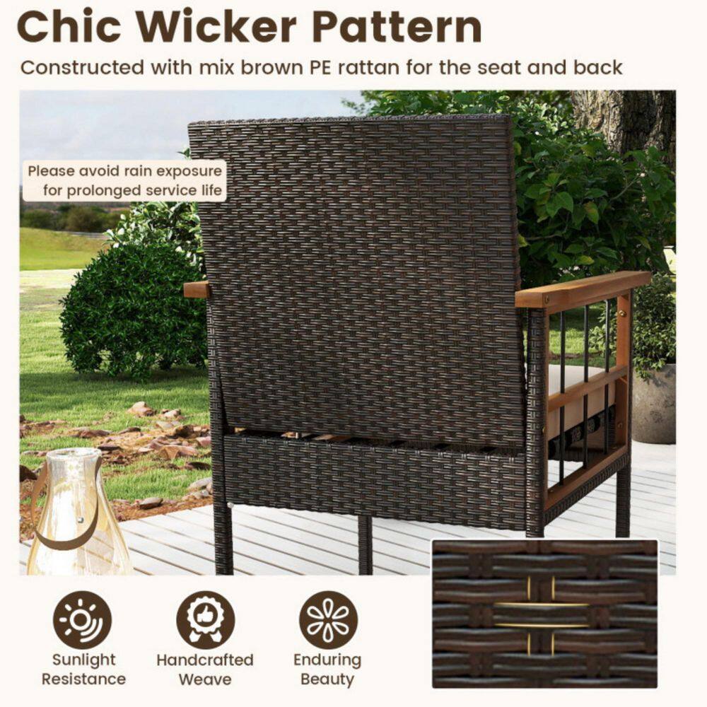 Close-up of the dark brown woven wicker pattern on a patio chair.