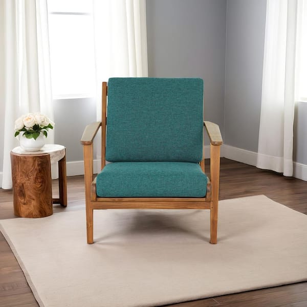 Kalley Mid-Century Modern Cushion Back Solid Wood Armchair in Teal Linen