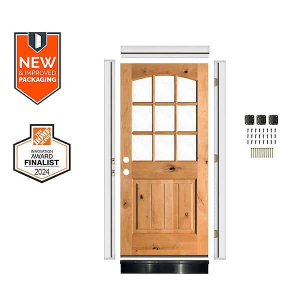 DIY 36 in. x 80 in. Arch Right-Hand Clear Glass Clear Stain Knotty Alder Wood Front Door Kit w/ Quick Assemble Jamb