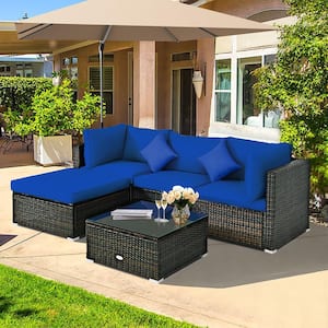 5-Piece Wicker Patio Conversation Set with Navy Cushions