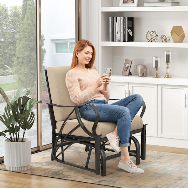 Metal Frame Patio Outdoor Rocking Chair with Tan Cushion Heavy-Duty Smooth Glider Outdoor