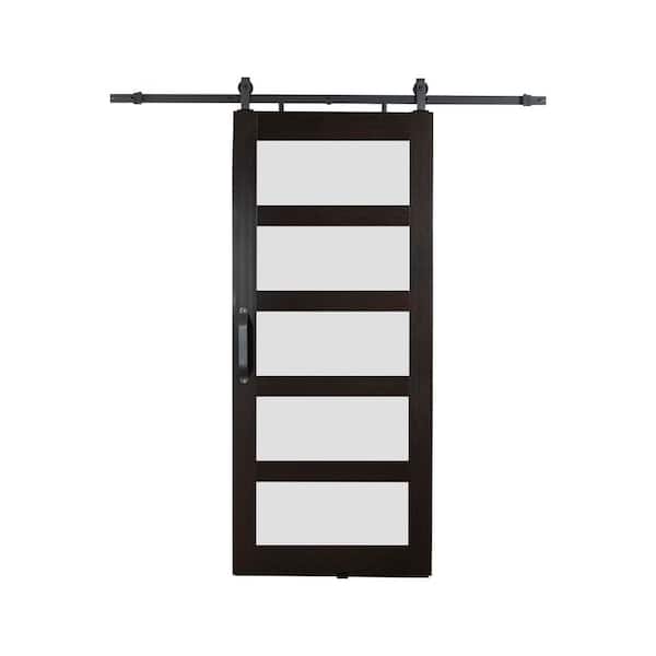 Pinecroft Montana 42 in. x 84 in. Frosted Glass 5-Lite Roasted Coffee PVC Vinyl Sliding Barn Door with Hardware Kit