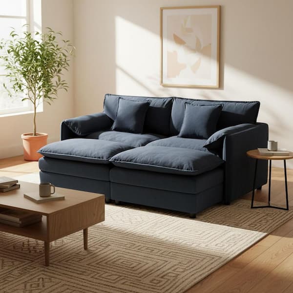 Homy Casa GIOI 75.6 in. W Pillow Top Arm Chenille 4-Seat Modular Sofa with Deep Cushions and Reversible Layout in Midnight Blue