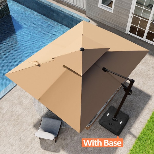9 ft. x 11 ft. Large Outdoor Aluminum Cantilever 360° Rotation Tiltable Patio Umbrella in Tan with Base