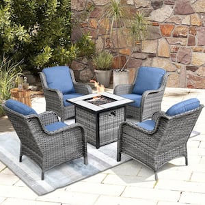 Erie Lake Gray 5-Piece Wicker Outdoor Patio Fire Pit Seating Sofa Set and with Denim Blue Cushions