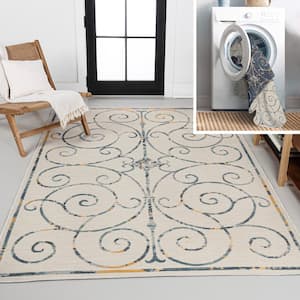 Danae Classic Cottage Filigree Scroll Reversible Machine-Washable Cream/Navy 4 ft. x 6 ft. Indoor/Outdoor Area Rug