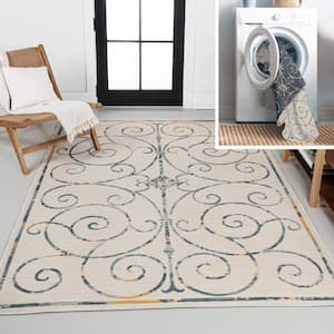 Danae Classic Cottage Filigree Scroll Reversible Machine-Washable Cream/Navy 8 ft. x 10 ft. Indoor/Outdoor Area Rug