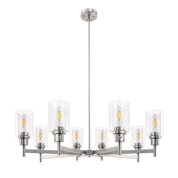 Briignite 8-Light Brushed Nickel Industrial Chandelier perfect for Dining Room and Living Room with Clear Glass Cylinder Shades