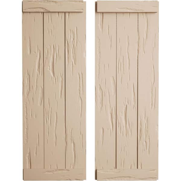 Ekena Millwork 16.5 in.x 74 in. Timberthane Polyurethane 3-Board Joined Board-n-Batten Pecky Cypress Faux Wood Shutters,End Batten Pair