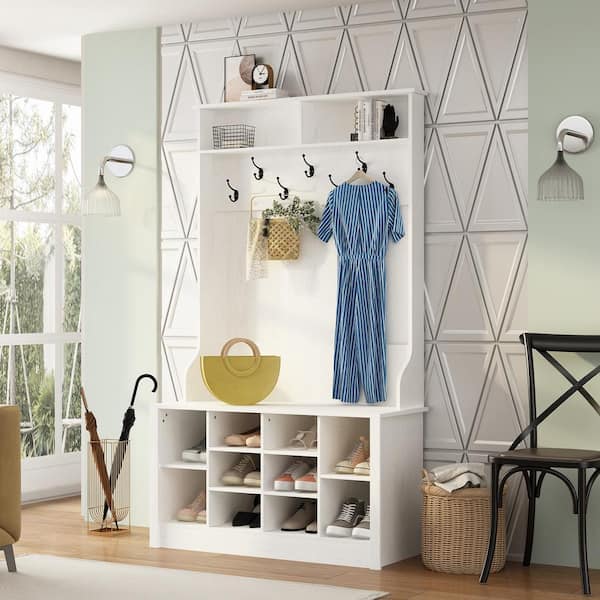 FUFU&GAGA 68.5 in. White Wood 3-in-1 Hall Tree Coat Rack Storage Bench with 7-Metal Double Hooks and Shelves