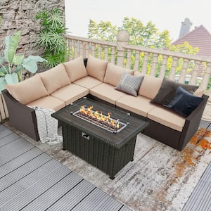 7-Piece Wicker Fire Pit Patio Sets with Khaki Cushion, 44 in. Black 50,000 BTU Fire Table/Wind Guard
