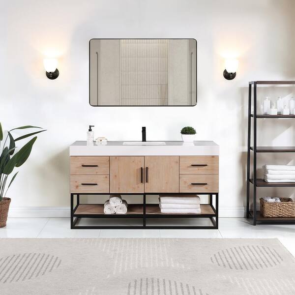 Altair Bianco 60S in. W x 22 in. D x 34 in. H Single Sink Bath Vanity in Light Brown with White Composite Stone Top and Mirror